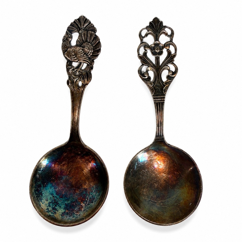 NM Norway 830 Silver Souvenir Spoon Peacock Floral 1954 Vintage Set 2